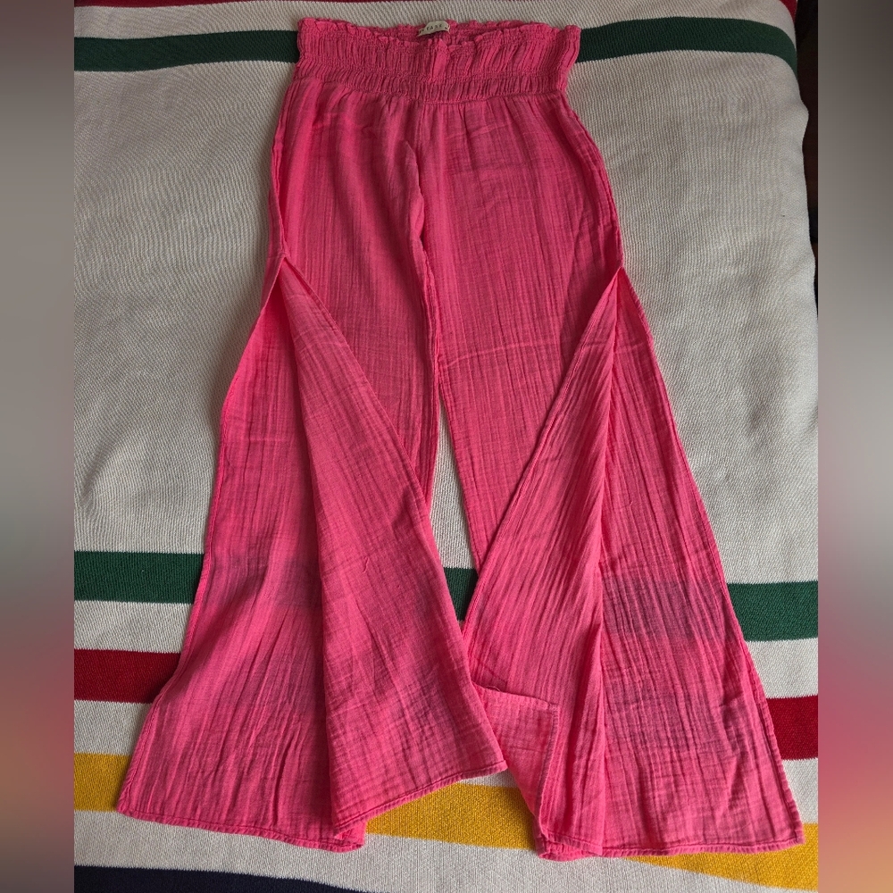 Stark Vibrant Pink Crinkle Gauze Wide-Leg Side Split Cover Up Pants S Sm NEW